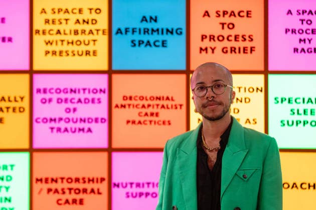 Rudy Loewe: Intimacies of Care at Wellcome Collection, London, UK 8 July 2026 Artist Rudy Loewe poses with The Search for Care The Lack of Care, 2026, at the preview of Rudy Loewe: Intimacies of Care Spaces of Grief and Possibility at the Wellcome Collection, London, UK, on 8 July 2026. The text-based sculpture was developed in collaboration with grassroots organisations supporting Black people who struggle to access appropriate mental health care, on view from 10 July 2026 until 7 February 2027., Credit:Pete Speller Avalon  Copyright: xPetexSpellerx xAvalonx 1115223171