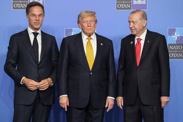 NATO Leaders Summit - Ankara NATO Secretary General Mark Rutte (L) and Turkey s President Recep Tayyip Erdogan (R) greet US President Donald Trump as he arrives for a NATO Summit at Bestepe Presidential Compound in Ankara, Turkey, July 8, 2026. The summit comes at a fraught time for the 77-year-old transatlantic alliance, with the US President demanding members make good on a pledge to ramp up defence spending as Washington takes a step back from Europe. Photo by Ludovic Marin Pool ABACAPRESS.COM Ankara Turkey  Copyright: xMarinxLudovic Pool ABACAx