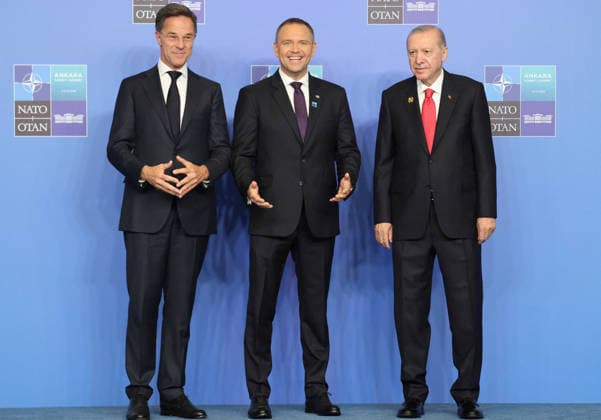 NATO Leaders Summit - Ankara NATO Secretary General Mark Rutte (L) and Turkey s President Recep Tayyip Erdogan greet Poland s President Karol Nawrocki as he arrives for a NATO Summit at Bestepe Presidential Compound in Ankara, Turkey, July 8, 2026. The summit comes at a fraught time for the 77-year-old transatlantic alliance, with the US President demanding members make good on a pledge to ramp up defence spending as Washington takes a step back from Europe. Photo by Ludovic Marin Pool ABACAPRESS.COM Ankara Turkey  Copyright: xMarinxLudovic Pool ABACAx