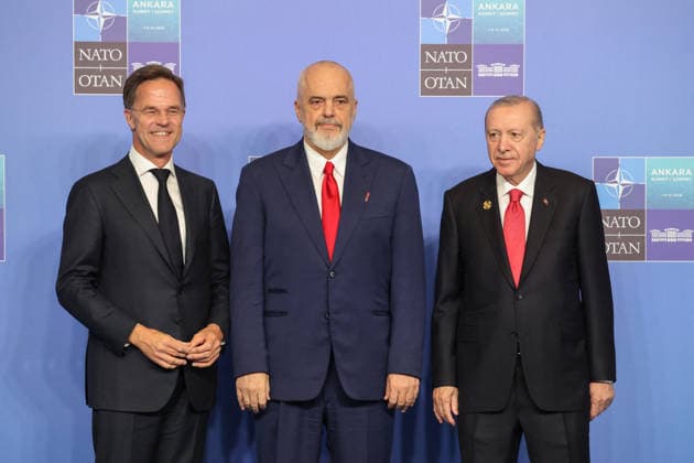 NATO Leaders Summit - Ankara NATO Secretary General Mark Rutte (L) and Turkey s President Recep Tayyip Erdogan greet Albania s Prime Minister Edi Rama as he arrives for a NATO Summit at Bestepe Presidential Compound in Ankara, Turkey, July 8, 2026. The summit comes at a fraught time for the 77-year-old transatlantic alliance, with the US President demanding members make good on a pledge to ramp up defence spending as Washington takes a step back from Europe. Photo by Ludovic Marin Pool ABACAPRESS.COM Ankara Turkey  Copyright: xMarinxLudovic Pool ABACAx