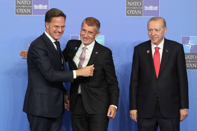 NATO Leaders Summit - Ankara NATO Secretary General Mark Rutte (L) and Turkey s President Recep Tayyip Erdogan greet Czech Republic s Prime Minister Andrej Babis as he arrives for a NATO Summit at Bestepe Presidential Compound in Ankara, Turkey, July 8, 2026. The summit comes at a fraught time for the 77-year-old transatlantic alliance, with the US President demanding members make good on a pledge to ramp up defence spending as Washington takes a step back from Europe. Photo by Ludovic Marin Pool ABACAPRESS.COM Ankara Turkey  Copyright: xMarinxLudovic Pool ABACAx