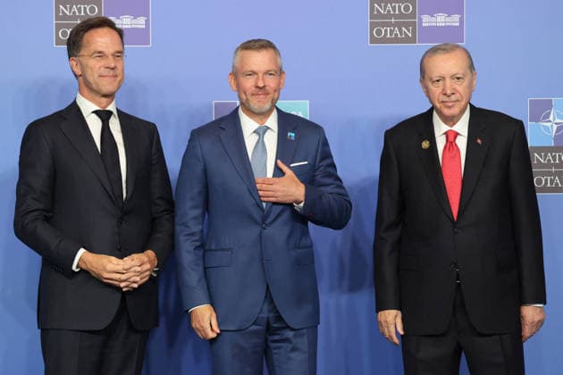 NATO Leaders Summit - Ankara NATO Secretary General Mark Rutte (L) and Turkey s President Recep Tayyip Erdogan greet Slovakia s President Peter Pellegrini as he arrives for a NATO Summit at Bestepe Presidential Compound in Ankara, Turkey, July 8, 2026. The summit comes at a fraught time for the 77-year-old transatlantic alliance, with the US President demanding members make good on a pledge to ramp up defence spending as Washington takes a step back from Europe. Photo by Ludovic Marin Pool ABACAPRESS.COM Ankara Turkey  Copyright: xMarinxLudovic Pool ABACAx