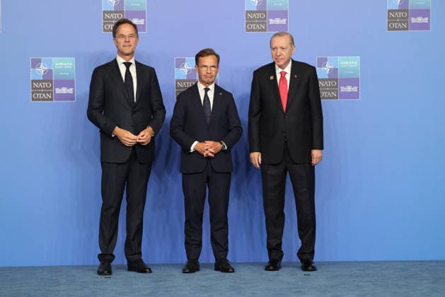 NATO Leaders Summit - Ankara NATO Secretary General Mark Rutte (L) and Turkey s President Recep Tayyip Erdogan greet Sweden s Prime Minister Ulf Kristersson as he arrives for a NATO Summit at Bestepe Presidential Compound in Ankara, Turkey, July 8, 2026. The summit comes at a fraught time for the 77-year-old transatlantic alliance, with the US President demanding members make good on a pledge to ramp up defence spending as Washington takes a step back from Europe. Photo by Ludovic Marin Pool ABACAPRESS.COM Ankara Turkey  Copyright: xMarinxLudovic Pool ABACAx