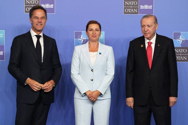 NATO Leaders Summit - Ankara NATO Secretary General Mark Rutte (L) and Turkey s President Recep Tayyip Erdogan (R) greet Denmark s Prime Minister Mette Frederiksen as she arrives for a NATO Summit at Bestepe Presidential Compound in Ankara, Turkey, July 8, 2026. The summit comes at a fraught time for the 77-year-old transatlantic alliance, with the US President demanding members make good on a pledge to ramp up defence spending as Washington takes a step back from Europe. Photo by Ludovic Marin Pool ABACAPRESS.COM Ankara Turkey  Copyright: xMarinxLudovic Pool ABACAx