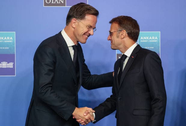 NATO Leaders Summit - Ankara NATO Secretary General Mark Rutte greets France s President Emmanuel Macron (R) as he arrives for a NATO Summit at Bestepe Presidential Compound in Ankara, Turkey, July 8, 2026. The summit comes at a fraught time for the 77-year-old transatlantic alliance, with the US President demanding members make good on a pledge to ramp up defence spending as Washington takes a step back from Europe. Photo by Ludovic Marin Pool ABACAPRESS.COM Ankara Turkey  Copyright: xMarinxLudovic Pool ABACAx