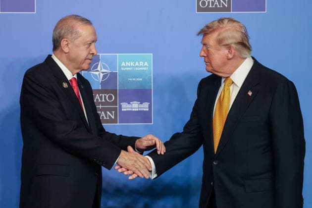 NATO Leaders Summit - Ankara Turkey s President Recep Tayyip Erdogan greets US President Donald Trump (R) as he arrives for a NATO Summit at Bestepe Presidential Compound in Ankara, Turkey, July 8, 2026. The summit comes at a fraught time for the 77-year-old transatlantic alliance, with the US President demanding members make good on a pledge to ramp up defence spending as Washington takes a step back from Europe. Photo by Ludovic Marin Pool ABACAPRESS.COM Ankara Turkey  Copyright: xMarinxLudovic Pool ABACAx