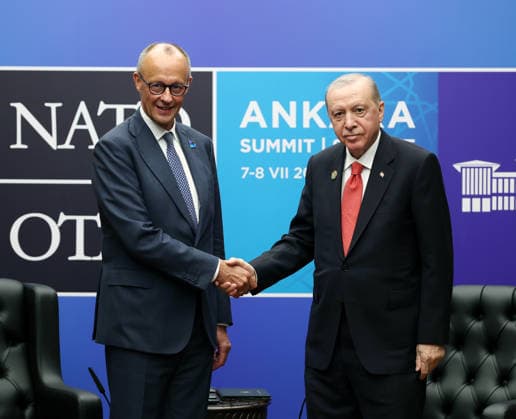 NATO Ankara Summit ANKARA, TURKIYE - JULY 8: (----EDITORIAL USE ONLY - MANDATORY CREDIT - TURKISH PRESIDENCY MURAT CETINMUHURDAR HANDOUT - NO MARKETING NO ADVERTISING CAMPAIGNS - DISTRIBUTED AS A SERVICE TO CLIENTS----) Turkish President Recep Tayyip Erdogan meets with German Chancellor Friedrich Merz as part of the 36th NATO Heads of State and Government Summit at the Presidential Complex in Ankara, Turkiye, on July 8, 2026. Turkish Presidency Murat Cetinmuhurdar Handout Anadolu Ankara Turkey. Editorial use only. Please get in touch for any other usage.  Copyright: x2026xAnadoluxTurkishxPresidency xMuratxCetinmuhurdarx xHandoutx