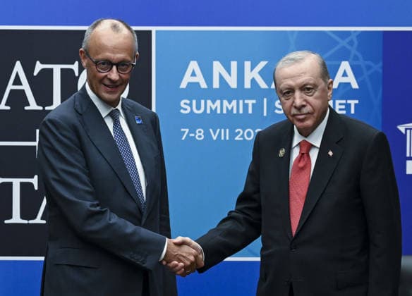 36th NATO Summit in Ankara ANKARA, TURKIYE - JULY 8: Turkish President Recep Tayyip Erdogan (R) meets with German Chancellor Friedrich Merz (L) as part of the 36th NATO Heads of State and Government Summit at Presidential Complex in Ankara, Turkiye, on July 8, 2026. Utku Ucrak Anadolu Ankara Turkey. Editorial use only. Please get in touch for any other usage.  Copyright: x2026xAnadoluxUtkuxUcrakx