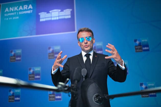 NATO Leaders Summit - President Macron Speaks To The Press France s President Emmanuel Macron speaks to the press during a NATO Summit at Bestepe Presidential Compound in Ankara, Turkey, July 8, 2026. The summit comes at a fraught time for the 77-year-old transatlantic alliance, with the US President demanding members make good on a pledge to ramp up defence spending as Washington takes a step back from Europe. Photo by Alexis Jumeau ABACAPRESS.COM Paris France  Copyright: xJumeauxAlexis ABACAx