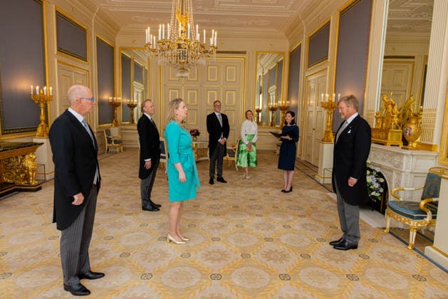 08-07-2026 Palace King Willem-Alexander during a meeting with Ambassador drs. G.M. Landheer (PV OESO), Hare Excellentie drs. E.H.T. van Eerten (Chisinau), Zijne Excellentie drs. R.F.N.W. Wols (Manilla), Zijne Excellentie mr. R.J.P. Pronk (Bagdad), Hare Excellentie drs. A.J. Ter Hoeve-van Heek (Valletta), Hare Excellentie drs. M.M. Monster (Tirana), Zijne Excellentie drs. J.T.M. Akerboom (Accra), Hare Excellentie drs. J.D. Nienhuis (Wellington), Zijne Excellentie drs. R.P.M. Martin (Lissabon), Hare Excellentie mr. dr. M.J. Busstra (Paramaribo) en Hare Excellentie drs. A.P. Diepenbroek (Kopenhagen). Â  Copyright: xPPEx