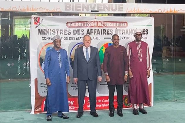 NIGER, NIAMEY - JULY 8, 2026: Seen in this video screen grab are Niger s Minister of Foreign Affairs, Cooperation and Nigeriens Abroad Bakary Yaou Sangare, Russia s Minister of Foreign Affairs Sergei Lavrov, Burkina Faso s Minister of Foreign Affairs, Regional Cooperation and Burkinab? Abroad Karamoko Jean-Marie Traore and Mali s Minister of Foreign Affairs and International Cooperation Abdoulaye Diop (L-R) posing for a group photograph before the 2nd session of consultations between the ministers of foreign affairs of the Alliance of Sahel States and the Russian Federation. Video grab. Best possible quality. Artyom Popov TASS  94829335