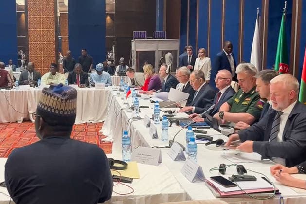 NIGER, NIAMEY - JULY 8, 2026: Seen in this video screen grab Russia s Minister of Foreign Affairs Sergei Lavrov (5th R) during the 2nd session of consultations between the ministers of foreign affairs of the Alliance of Sahel States and the Russian Federation. Video grab. Best possible quality. Artyom Popov TASS  94829336