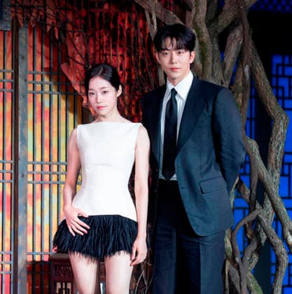 Roh Yoon-Seo and Nam Joo-Hyuk, July 8, 2026 : Cast members Roh Yoon-Seo and Nam Joo-Hyuk (R) at a press conference for the upcoming Netflix original series The East Palace in Seoul, South Korea. The action-packed eight-episode period drama follows a man with the unique ability to cross over into the spirit realm and a court lady harboring a mysterious past. Summoned by the king, the duo is tasked with untangling dangerous histories to uncover a secret buried in the very heart of the palace. The series will be released on July 17.  aflo_337318500