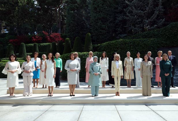 Turkish First Lady Emine Erdogan hosts spouses of leaders ANKARA, TURKIYE - JULY 8: (----EDITORIAL USE ONLY - MANDATORY CREDIT - TURKISH PRESIDENCY MUSTAFA KAMACI HANDOUT - NO MARKETING NO ADVERTISING CAMPAIGNS - DISTRIBUTED AS A SERVICE TO CLIENTS----) Turkish First Lady Emine Erdogan poses for a photo with spouses of heads of state and government attending the 36th NATO Heads of State and Government Summit at Cankaya Mansion in Ankara, Turkiye, on July 8, 2026. Turkish Presidency Mustafa Kamaci Handout Anadolu Ankara Turkey. Editorial use only. Please get in touch for any other usage.  Copyright: x2026xAnadoluxTurkishxPresidencyx xMustafaxKamacix xHandoutx