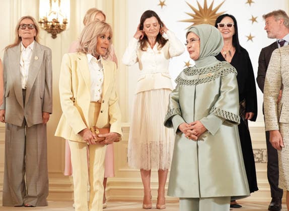 Turkish First Lady Emine Erdogan hosts spouses of leaders ANKARA, TURKIYE - JULY 8: Turkish First Lady Emine Erdogan (R) and Brigitte Macron (L), the spouse of French President Emmanuel Macron, chat as she hosts spouses of heads of state and government attending the 36th NATO Heads of State and Government Summit at Cankaya Mansion in Ankara, Turkiye, on July 8, 2026. Berkan Cetin Anadolu Ankara Turkey. Editorial use only. Please get in touch for any other usage.  Copyright: x2026xAnadoluxBerkanxCetinx
