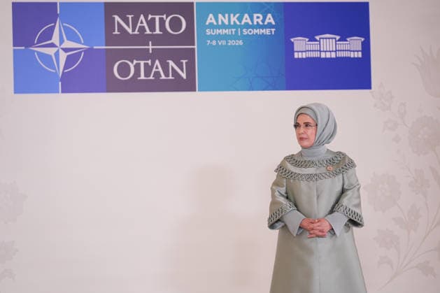 Turkish First Lady Emine Erdogan hosts spouses of leaders ANKARA, TURKIYE - JULY 8: Turkish First Lady Emine Erdogan hosts spouses of heads of state and government attending the 36th NATO Heads of State and Government Summit at Cankaya Mansion in Ankara, Turkiye, on July 8, 2026. Berkan Cetin Anadolu Ankara Turkey. Editorial use only. Please get in touch for any other usage.  Copyright: x2026xAnadoluxBerkanxCetinx