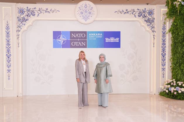 Turkish First Lady Emine Erdogan hosts spouses of leaders ANKARA, TURKIYE - JULY 8: Emine Erdogan (R), wife of Turkish President Recep Tayyip Erdogan, welcomes Mareva Grabowski (L), wife of Greek Prime Minister Kyriakos Mitsotakis, at Cankaya Mansion as she hosted the spouses of heads of state and government during the 36th NATO Summit of Heads of State and Government in Ankara, Turkiye, on July 8, 2026. Cemal Yurttas Anadolu Ankara Turkey. Editorial use only. Please get in touch for any other usage.  Copyright: x2026xAnadoluxCemalxYurttasx