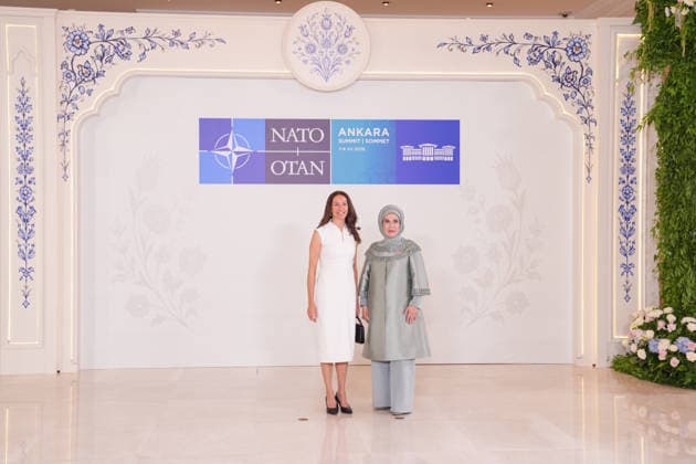 Turkish First Lady Emine Erdogan hosts spouses of leaders ANKARA, TURKIYE - JULY 8: Emine Erdogan (R), wife of Turkish President Recep Tayyip Erdogan, welcomes Suzanne Innes-Stubb (L), wife of Finnish President Alexander Stubb, at Cankaya Mansion as she hosted the spouses of heads of state and government during the 36th NATO Summit of Heads of State and Government in Ankara, Turkiye, on July 8, 2026. Cemal Yurttas Anadolu Ankara Turkey. Editorial use only. Please get in touch for any other usage.  Copyright: x2026xAnadoluxCemalxYurttasx