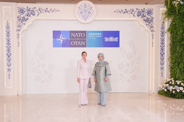 Turkish First Lady Emine Erdogan hosts spouses of leaders ANKARA, TURKIYE - JULY 8: Emine Erdogan (R), wife of Turkish President Recep Tayyip Erdogan, welcomes Marta Nawrocka (L), wife of Polish President Karol Nawrocki, at Cankaya Mansion as she hosted the spouses of heads of state and government during the 36th NATO Summit of Heads of State and Government in Ankara, Turkiye, on July 8, 2026. Cemal Yurttas Anadolu Ankara Turkey. Editorial use only. Please get in touch for any other usage.  Copyright: x2026xAnadoluxCemalxYurttasx