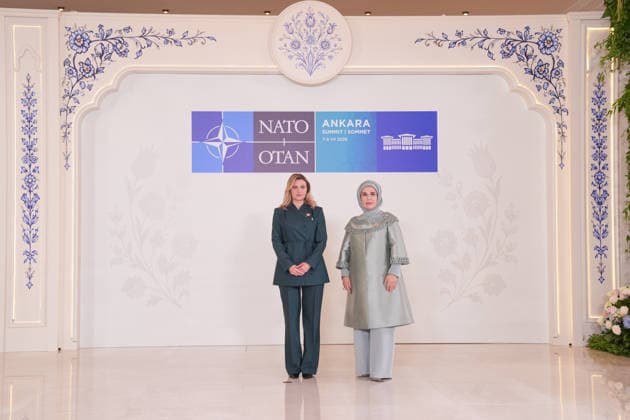 Turkish First Lady Emine Erdogan hosts spouses of leaders ANKARA, TURKIYE - JULY 8: Emine Erdogan (R), wife of Turkish President Recep Tayyip Erdogan, welcomes Olena Zelenska (L), wife of Ukrainian President Volodymyr Zelenskyy, at Cankaya Mansion as she hosted the spouses of heads of state and government during the 36th NATO Summit of Heads of State and Government in Ankara, Turkiye, on July 8, 2026. Cemal Yurttas Anadolu Ankara Turkey. Editorial use only. Please get in touch for any other usage.  Copyright: x2026xAnadoluxCemalxYurttasx