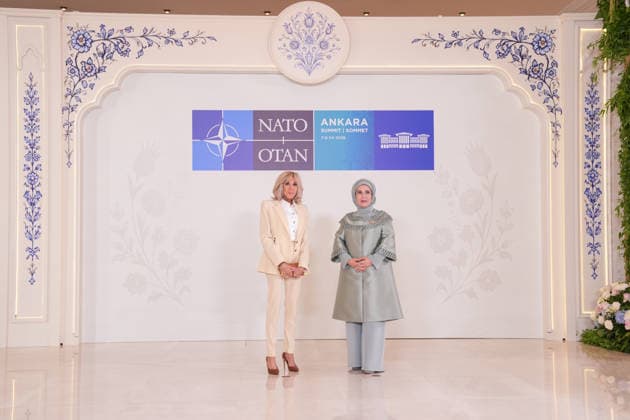 Turkish First Lady Emine Erdogan hosts spouses of leaders ANKARA, TURKIYE - JULY 8: Emine Erdogan (R), wife of Turkish President Recep Tayyip Erdogan, welcomes Brigitte Macron (L), wife of French President Emmanuel Macron, at Cankaya Mansion as she hosted the spouses of heads of state and government during the 36th NATO Summit of Heads of State and Government in Ankara, Turkiye, on July 8, 2026. Cemal Yurttas Anadolu Ankara Turkey. Editorial use only. Please get in touch for any other usage.  Copyright: x2026xAnadoluxCemalxYurttasx