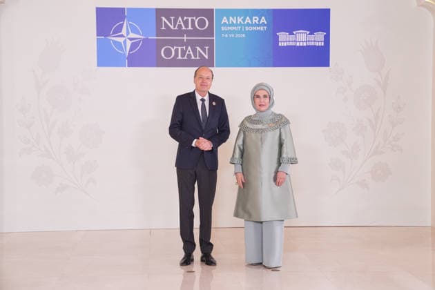 Turkish First Lady Emine Erdogan hosts spouses of leaders ANKARA, TURKIYE - JULY 8: Emine Erdogan (R), wife of Turkish President Recep Tayyip Erdogan, welcomes Heiko von der Leyen (L), husband of European Commission President Ursula von der Leyen, at Cankaya Mansion as she hosted the spouses of heads of state and government during the 36th NATO Summit of Heads of State and Government in Ankara, Turkiye, on July 8, 2026. Cemal Yurttas Anadolu Ankara Turkey. Editorial use only. Please get in touch for any other usage.  Copyright: x2026xAnadoluxCemalxYurttasx