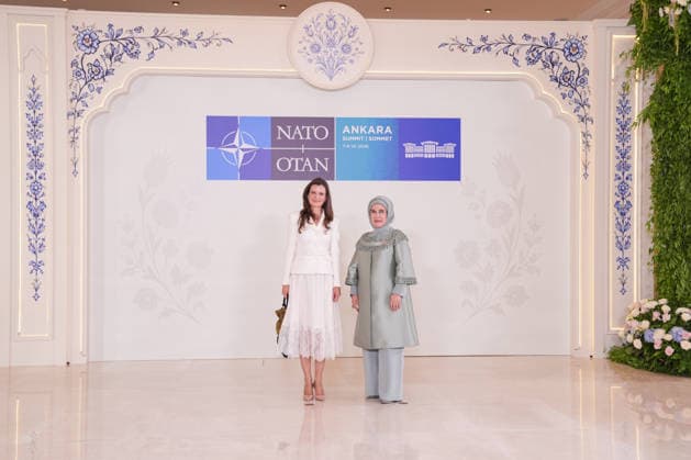 Turkish First Lady Emine Erdogan hosts spouses of leaders ANKARA, TURKIYE - JULY 8: Emine Erdogan (R), wife of Turkish President Recep Tayyip Erdogan, welcomes Urska Bacovnik Jansa (L), wife of Slovenian Prime Minister Janez Jansa, at Cankaya Mansion as she hosted the spouses of heads of state and government during the 36th NATO Summit of Heads of State and Government in Ankara, Turkiye, on July 8, 2026. Cemal Yurttas Anadolu Ankara Turkey. Editorial use only. Please get in touch for any other usage.  Copyright: x2026xAnadoluxCemalxYurttasx