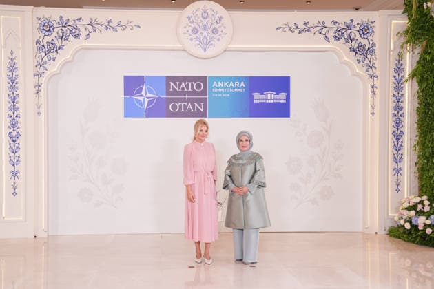 Turkish First Lady Emine Erdogan hosts spouses of leaders ANKARA, TURKIYE - JULY 8: Emine Erdogan (R), wife of Turkish President Recep Tayyip Erdogan, welcomes Monika Babisova (L), wife of Czech Prime Minister Andrej Babis, at Cankaya Mansion as she hosted the spouses of heads of state and government during the 36th NATO Summit of Heads of State and Government in Ankara, Turkiye, on July 8, 2026. Cemal Yurttas Anadolu Ankara Turkey. Editorial use only. Please get in touch for any other usage.  Copyright: x2026xAnadoluxCemalxYurttasx