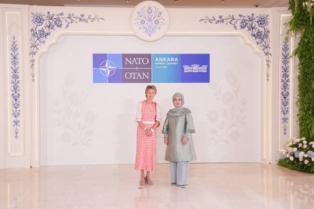 Turkish First Lady Emine Erdogan hosts spouses of leaders ANKARA, TURKIYE - JULY 8: Emine Erdogan (R), wife of Turkish President Recep Tayyip Erdogan, welcomes Diana Fox Carney (L), wife of Canadian Prime Minister Mark Carney, at Cankaya Mansion as she hosted the spouses of heads of state and government during the 36th NATO Summit of Heads of State and Government in Ankara, Turkiye, on July 8, 2026. Cemal Yurttas Anadolu Ankara Turkey. Editorial use only. Please get in touch for any other usage.  Copyright: x2026xAnadoluxCemalxYurttasx
