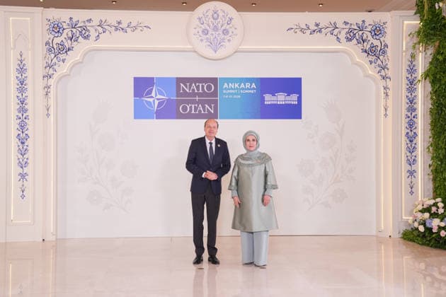 Turkish First Lady Emine Erdogan hosts spouses of leaders ANKARA, TURKIYE - JULY 8: Emine Erdogan (R), wife of Turkish President Recep Tayyip Erdogan, welcomes Heiko von der Leyen (L), husband of European Commission President Ursula von der Leyen, at Cankaya Mansion as she hosted the spouses of heads of state and government during the 36th NATO Summit of Heads of State and Government in Ankara, Turkiye, on July 8, 2026. Cemal Yurttas Anadolu Ankara Turkey. Editorial use only. Please get in touch for any other usage.  Copyright: x2026xAnadoluxCemalxYurttasx