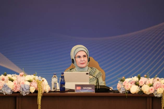 Turkish First Lady Emine Erdogan hosts spouses of leaders ANKARA, TURKIYE - JULY 8: Turkish First Lady Emine Erdogan delivers a speech as she hosted the spouses of heads of state and government visiting the city for the 36th NATO Summit of Heads of State and Government at Cankaya Mansion in Ankara, Turkiye, on July 8, 2026. Cemal Yurttas Anadolu Ankara Turkey. Editorial use only. Please get in touch for any other usage.  Copyright: x2026xAnadoluxCemalxYurttasx