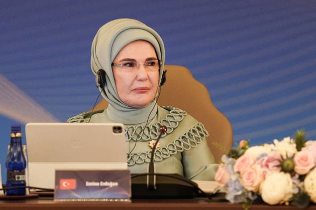 Turkish First Lady Emine Erdogan hosts spouses of leaders ANKARA, TURKIYE - JULY 8: Turkish First Lady Emine Erdogan delivers a speech as she hosted the spouses of heads of state and government visiting the city for the 36th NATO Summit of Heads of State and Government at Cankaya Mansion in Ankara, Turkiye, on July 8, 2026. Cemal Yurttas Anadolu Ankara Turkey. Editorial use only. Please get in touch for any other usage.  Copyright: x2026xAnadoluxCemalxYurttasx
