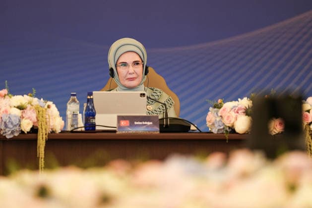 Turkish First Lady Emine Erdogan hosts spouses of leaders ANKARA, TURKIYE - JULY 8: Turkish First Lady Emine Erdogan delivers a speech as she hosted the spouses of heads of state and government visiting the city for the 36th NATO Summit of Heads of State and Government at Cankaya Mansion in Ankara, Turkiye, on July 8, 2026. Cemal Yurttas Anadolu Ankara Turkey. Editorial use only. Please get in touch for any other usage.  Copyright: x2026xAnadoluxCemalxYurttasx