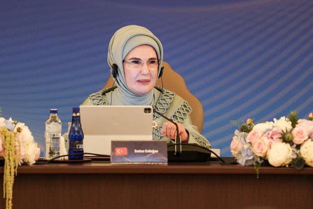 Turkish First Lady Emine Erdogan hosts spouses of leaders ANKARA, TURKIYE - JULY 8: Turkish First Lady Emine Erdogan delivers a speech as she hosted the spouses of heads of state and government visiting the city for the 36th NATO Summit of Heads of State and Government at Cankaya Mansion in Ankara, Turkiye, on July 8, 2026. Cemal Yurttas Anadolu Ankara Turkey. Editorial use only. Please get in touch for any other usage.  Copyright: x2026xAnadoluxCemalxYurttasx