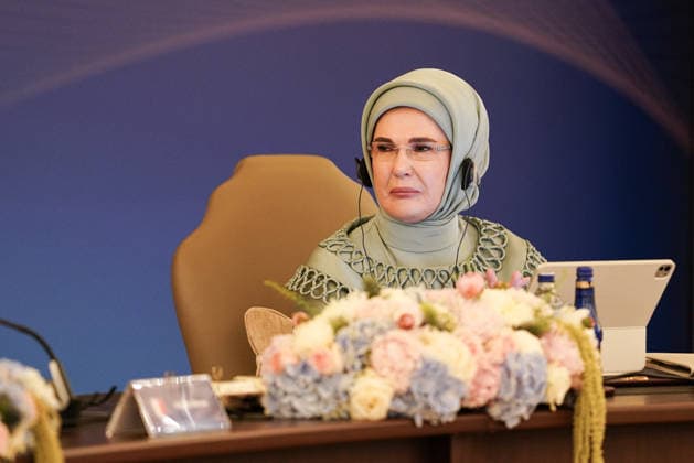 Turkish First Lady Emine Erdogan hosts spouses of leaders ANKARA, TURKIYE - JULY 8: Turkish First Lady Emine Erdogan delivers a speech as she hosted the spouses of heads of state and government visiting the city for the 36th NATO Summit of Heads of State and Government at Cankaya Mansion in Ankara, Turkiye, on July 8, 2026. Cemal Yurttas Anadolu Ankara Turkey. Editorial use only. Please get in touch for any other usage.  Copyright: x2026xAnadoluxCemalxYurttasx