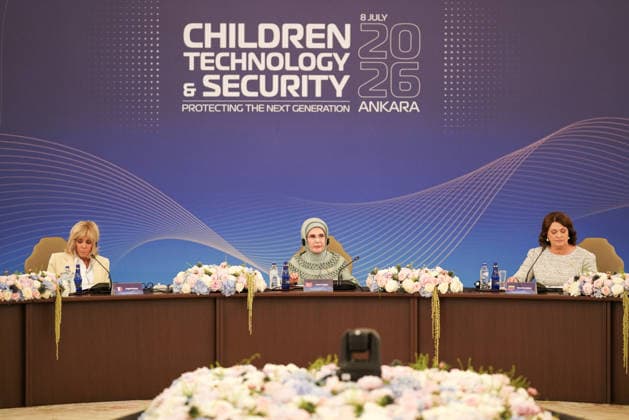 Turkish First Lady Emine Erdogan hosts spouses of leaders ANKARA, TURKIYE - JULY 8: Turkish First Lady Emine Erdogan (C) delivers a speech as she hosted the spouses of heads of state and government visiting the city for the 36th NATO Summit of Heads of State and Government at Cankaya Mansion in Ankara, Turkiye, on July 8, 2026. Brigitte Macron (L), wife of French President Emmanuel Macron, Diana Nausediene (R), wife of Lithuanian President Gitanas Nauseda also attend the program. Cemal Yurttas Anadolu Ankara Turkey. Editorial use only. Please get in touch for any other usage.  Copyright: x2026xAnadoluxCemalxYurttasx