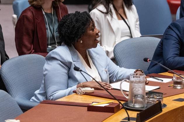 July 8, 2026, New York, New York, USA: Carine Jocelyn, Founder and Director, Haitian Women s Collective attends Security Council meeting on Women and peace and security Honoring the promise of international law to survivors of conflict related sexual violence at UN Headquarters in New York, NY on July 8, 2026. New York USA - ZUMAr339 20260708_znp_r339_008 Copyright: xLevxRadinx