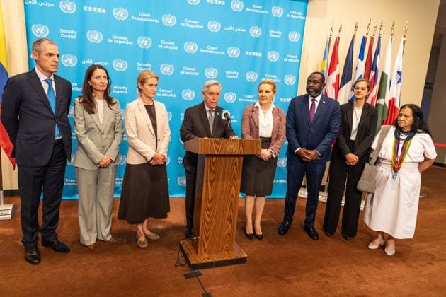 July 8, 2026, New York, New York, USA: Ambassadors of Colombia, Denmark, France, Greece, Latvia, Liberia, Panama, United Kingdom make a statement to the press before Security Council meeting on Women and peace and security Honoring the promise of international law to survivors of conflict related sexual violence at UN Headquarters in New York, NY on July 8, 2026. New York USA - ZUMAr339 20260708_znp_r339_009 Copyright: xLevxRadinx