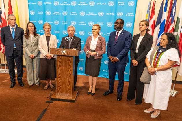 July 8, 2026, New York, New York, USA: Ambassadors of Colombia, Denmark, France, Greece, Latvia, Liberia, Panama, United Kingdom make a statement to the press before Security Council meeting on Women and peace and security Honoring the promise of international law to survivors of conflict related sexual violence at UN Headquarters in New York, NY on July 8, 2026. New York USA - ZUMAr339 20260708_znp_r339_010 Copyright: xLevxRadinx