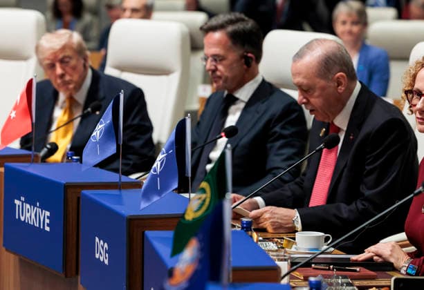 From left, President Donald Trump, NATO Secretary General Mark Rutte and Turkish President Recep Tayyip Erdogan during a round table meeting of the North Atlantic Council during the NATO summit in Ankara, Turkey, Wednesday, July 8, 2026.. The summit comes at a critical moment for the 77?year?old transatlantic alliance, as the U.S. president presses members to honor their pledge to boost defense spending amid Washington s pullback from Europe.  TUR2026070804 NATO