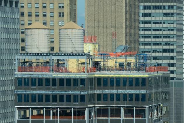 July 8, 2026, New York, New York, USA: View of the top floors of the commercial building in Midtown Manhattan of New York, NY on July 8, 2026 which was under construction to be converted as residential where on July 7 reported that a steel beam on the 21st floor was compromised, and the Fire Department said that two support columns inside the building were buckling and several upper floors were sagging. The building remains at risk of collapse and engineers are working to secure it. New York USA  - ZUMAr339 20260708_znp_r339_015 Copyright: xLevxRadinx