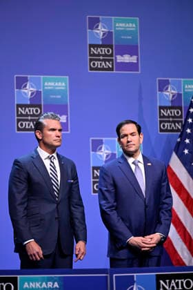 LKS 20260708 US Defense Secretary Pete Hegseth (L) and US Secretary of State Marco Rubio listen as US President Donald Trump (not pictured) addresses a press conference after the 36th NATO Heads of State and Government Summit in Ankara, Turkey, on July 8, 2026. - EMMI KORHONEN Ankara Turkey  Copyright: xEmmixKorhonenx YmWxuA94VSQ