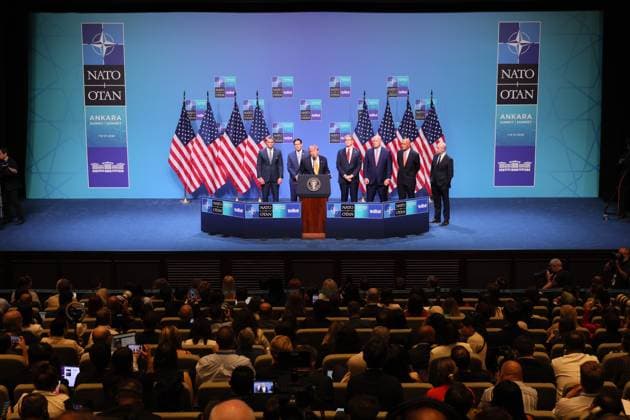 US President Donald Trump (C) pictured at a head of states and government summit of the NATO (North Atlantic Treaty Organization) military alliance, Wednesday 08 July 2026, in Ankara, Turkey.  BENOITxDOPPAGNE 180730280