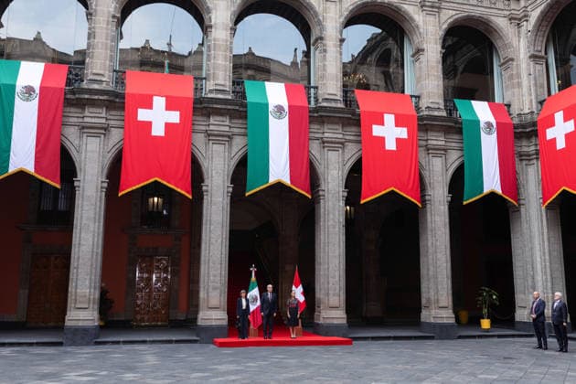 July 8, 2026, Mexico City, Mexico: The President of Mexico, CLAUDIA SHEINBAUM PARDO, welcomed the President of the Swiss Confederation and Minister of Economy, GUY PARMELIN, accompanied by his wife, CAROLINE MEROTTO, during an official ceremony in the Courtyard of Honor at the National Palace in Mexico City, as part of the Swiss leaders official visit to the country. Mexico City Mexico  - ZUMAl178 20260708_znp_l178_001 Copyright: xCristianxLeyvax