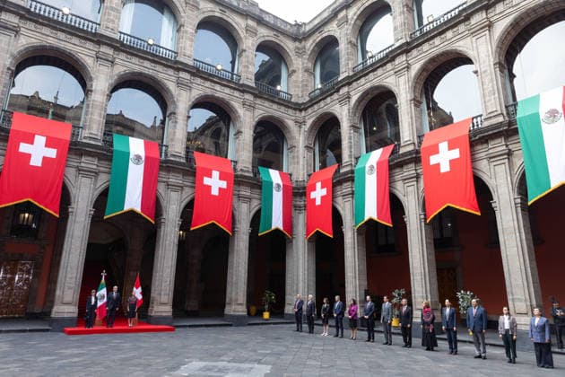 July 8, 2026, Mexico City, Mexico: The President of Mexico, CLAUDIA SHEINBAUM PARDO, welcomed the President of the Swiss Confederation and Minister of Economy, GUY PARMELIN, accompanied by his wife, CAROLINE MEROTTO, during an official ceremony in the Courtyard of Honor at the National Palace in Mexico City, as part of the Swiss leaders official visit to the country. Mexico City Mexico - ZUMAl178 20260708_znp_l178_003 Copyright: xCristianxLeyvax