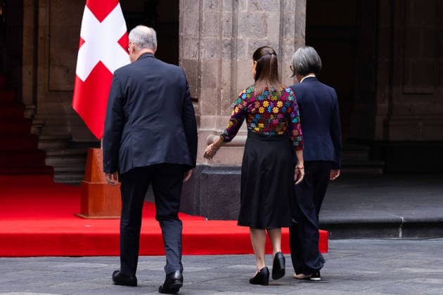 July 8, 2026, Mexico City, Mexico: The President of Mexico, CLAUDIA SHEINBAUM PARDO, welcomed the President of the Swiss Confederation and Minister of Economy, GUY PARMELIN, accompanied by his wife, CAROLINE MEROTTO, during an official ceremony in the Courtyard of Honor at the National Palace in Mexico City, as part of the Swiss leaders official visit to the country. Mexico City Mexico  - ZUMAl178 20260708_znp_l178_004 Copyright: xCristianxLeyvax