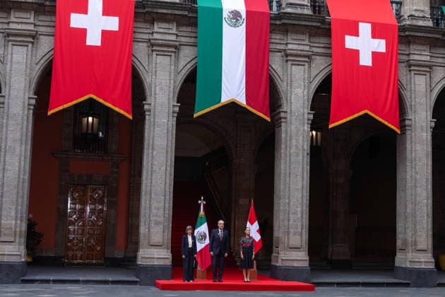 July 8, 2026, Mexico City, Mexico: The President of Mexico, CLAUDIA SHEINBAUM PARDO, welcomed the President of the Swiss Confederation and Minister of Economy, GUY PARMELIN, accompanied by his wife, CAROLINE MEROTTO, during an official ceremony in the Courtyard of Honor at the National Palace in Mexico City, as part of the Swiss leaders official visit to the country. Mexico City Mexico  - ZUMAl178 20260708_znp_l178_007 Copyright: xCristianxLeyvax