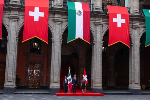 July 8, 2026, Mexico City, Mexico: The President of Mexico, CLAUDIA SHEINBAUM PARDO, welcomed the President of the Swiss Confederation and Minister of Economy, GUY PARMELIN, accompanied by his wife, CAROLINE MEROTTO, during an official ceremony in the Courtyard of Honor at the National Palace in Mexico City, as part of the Swiss leaders official visit to the country. Mexico City Mexico - ZUMAl178 20260708_znp_l178_006 Copyright: xCristianxLeyvax