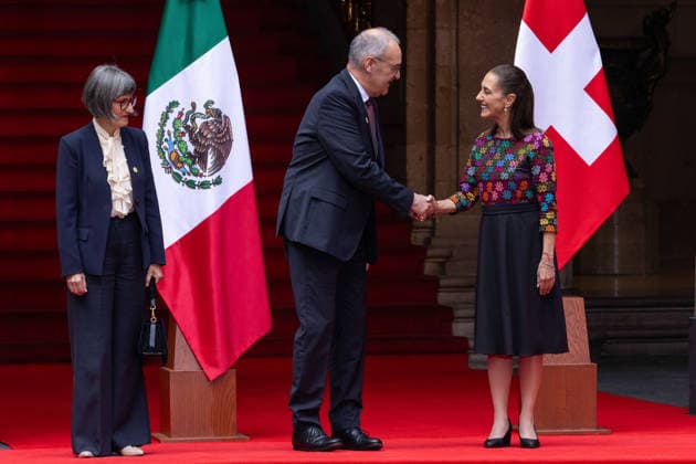 July 8, 2026, Mexico City, Mexico: The President of Mexico, CLAUDIA SHEINBAUM PARDO, welcomed the President of the Swiss Confederation and Minister of Economy, GUY PARMELIN, accompanied by his wife, CAROLINE MEROTTO, during an official ceremony in the Courtyard of Honor at the National Palace in Mexico City, as part of the Swiss leaders official visit to the country. Mexico City Mexico  - ZUMAl178 20260708_znp_l178_008 Copyright: xCristianxLeyvax
