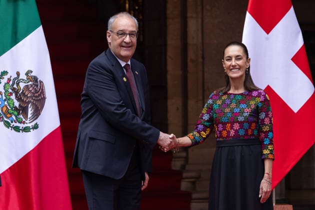 July 8, 2026, Mexico City, Mexico: The President of Mexico, CLAUDIA SHEINBAUM PARDO, welcomed the President of the Swiss Confederation and Minister of Economy, GUY PARMELIN, accompanied by his wife, CAROLINE MEROTTO, during an official ceremony in the Courtyard of Honor at the National Palace in Mexico City, as part of the Swiss leaders official visit to the country. Mexico City Mexico  - ZUMAl178 20260708_znp_l178_010 Copyright: xCristianxLeyvax